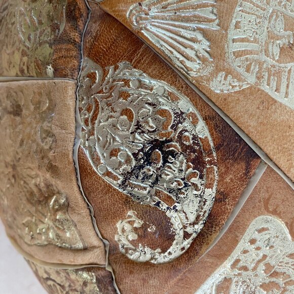 Round Leather Pouf Ottoman with Egyptian Accents - Picture 5 of 8